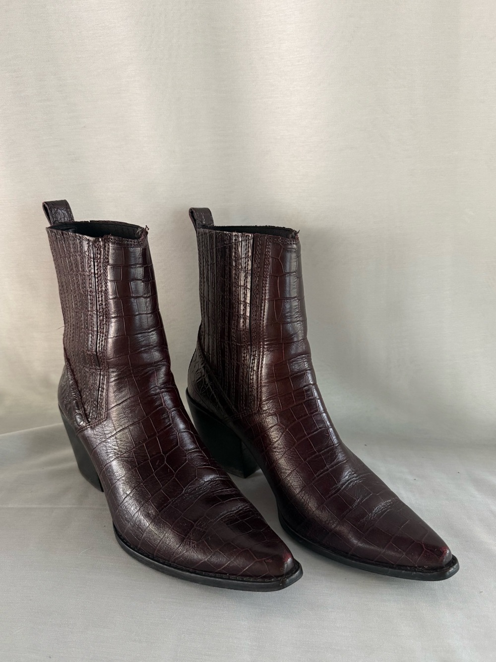 Zara Burgundy Croc-Embossed Pointed Toe Heeled Boots